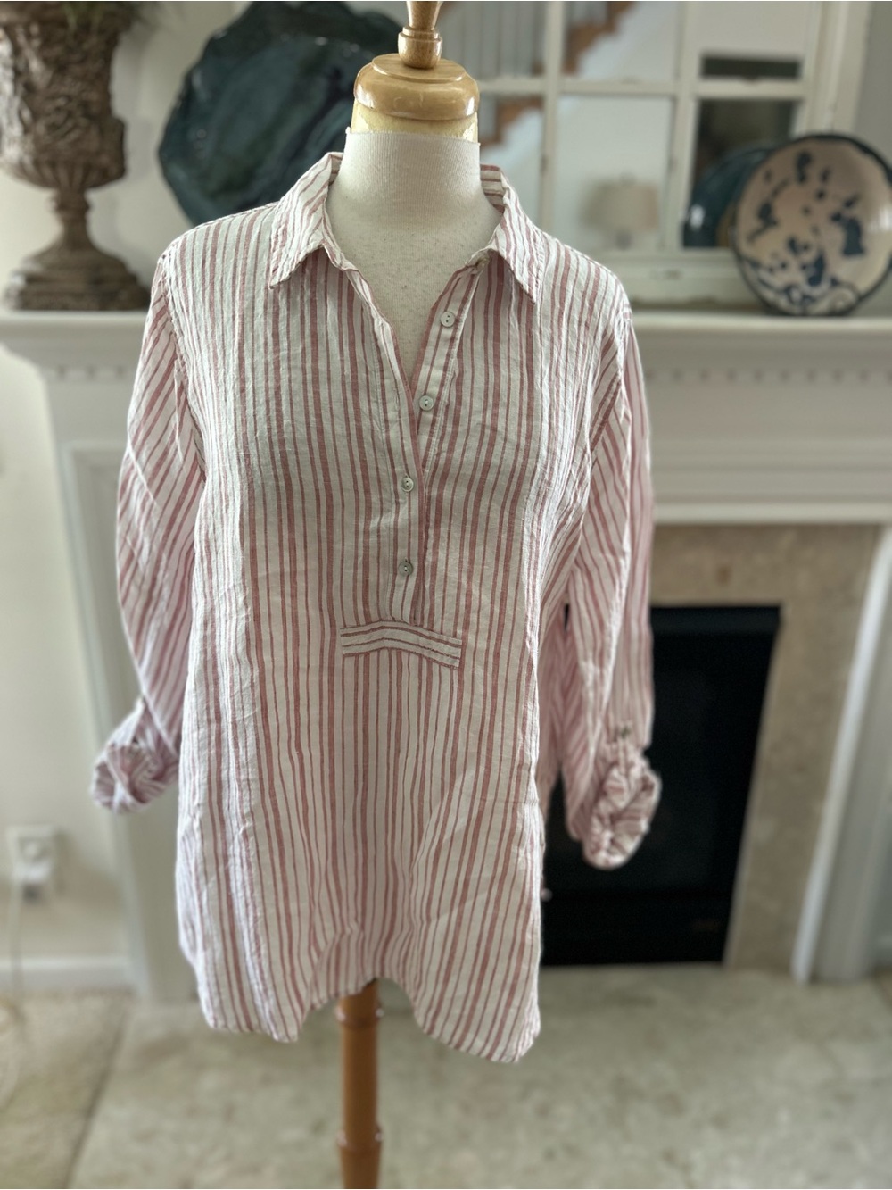 Rachel Zoe Muted Pinky Red and White Striped Linen Shirt